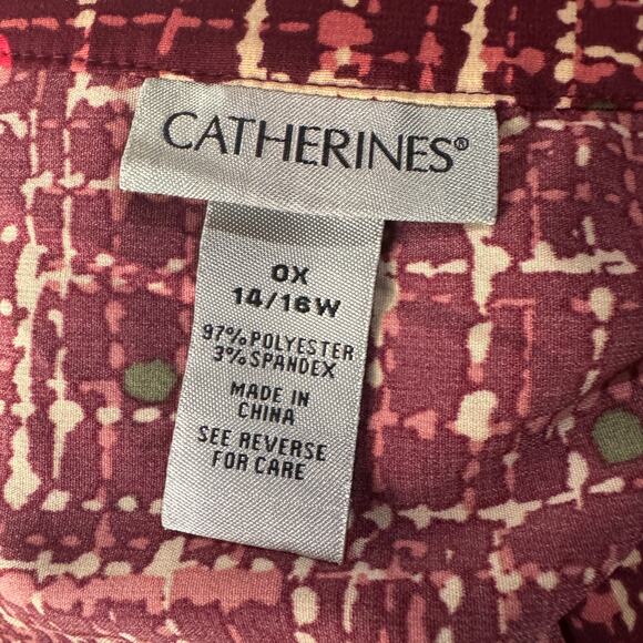 Catherines 0X-Large (14/16W) Top Abstract Button-Up Long Roll-Tab Sleeves V-Neck - Picture 9 of 10